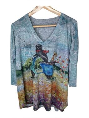 Inoah Tunic Size 3X Cats On Scooter A Ride Home Print 3/4 Sleeves V-neck